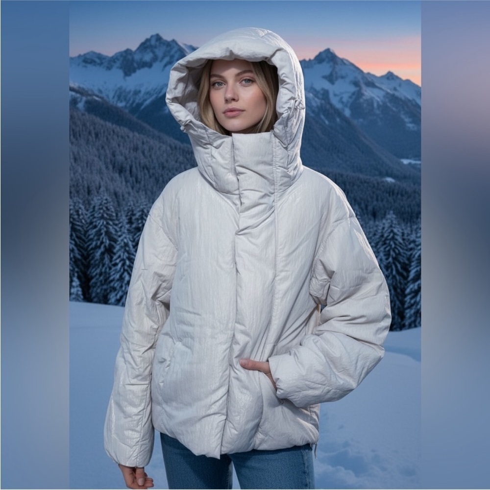 Zara Women's off white slight shimmer Puffer Jacket hooded large - Picture 2 of 15